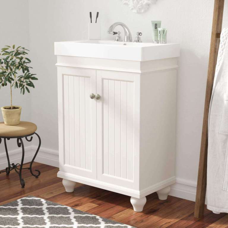 24 Inch Bathroom Vanity In Brown Wood With Glass Vessel Sink