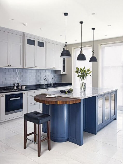 Blue Kitchen Island Design Ideas with one side half rounded