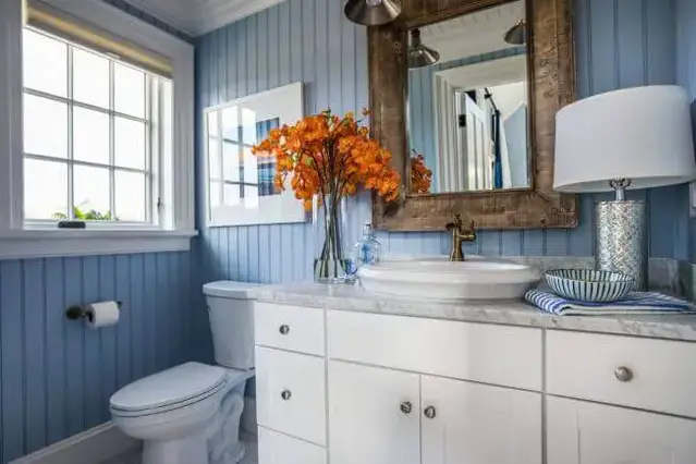 Warmed up GreyBlue and White Bathroom