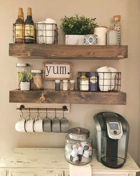 Perfect coffee bar with wooden floating shelves