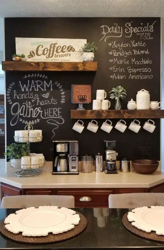 Excited home coffee bar with chalkboard