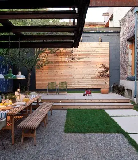 Family Friendly Backyard Design with bench and deck