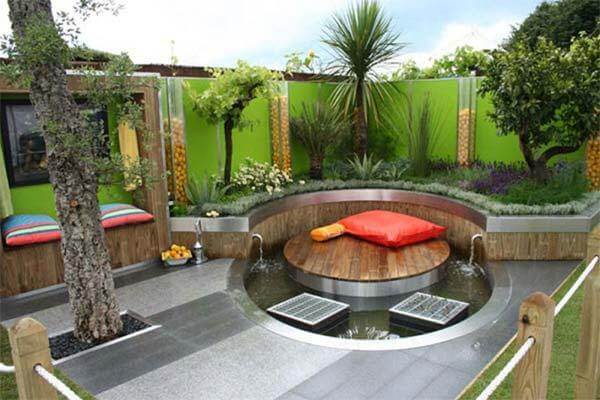 futuristic small backyard landscaping with the circle pool