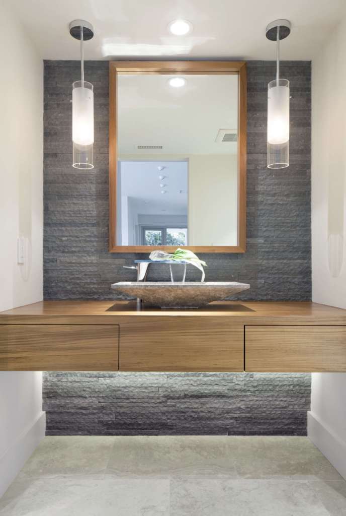 Wonderful Design bathroom shelf below mirror best of a modern bathroom with natural stone accent wall and pendant lights of bathroom shelf below mirror