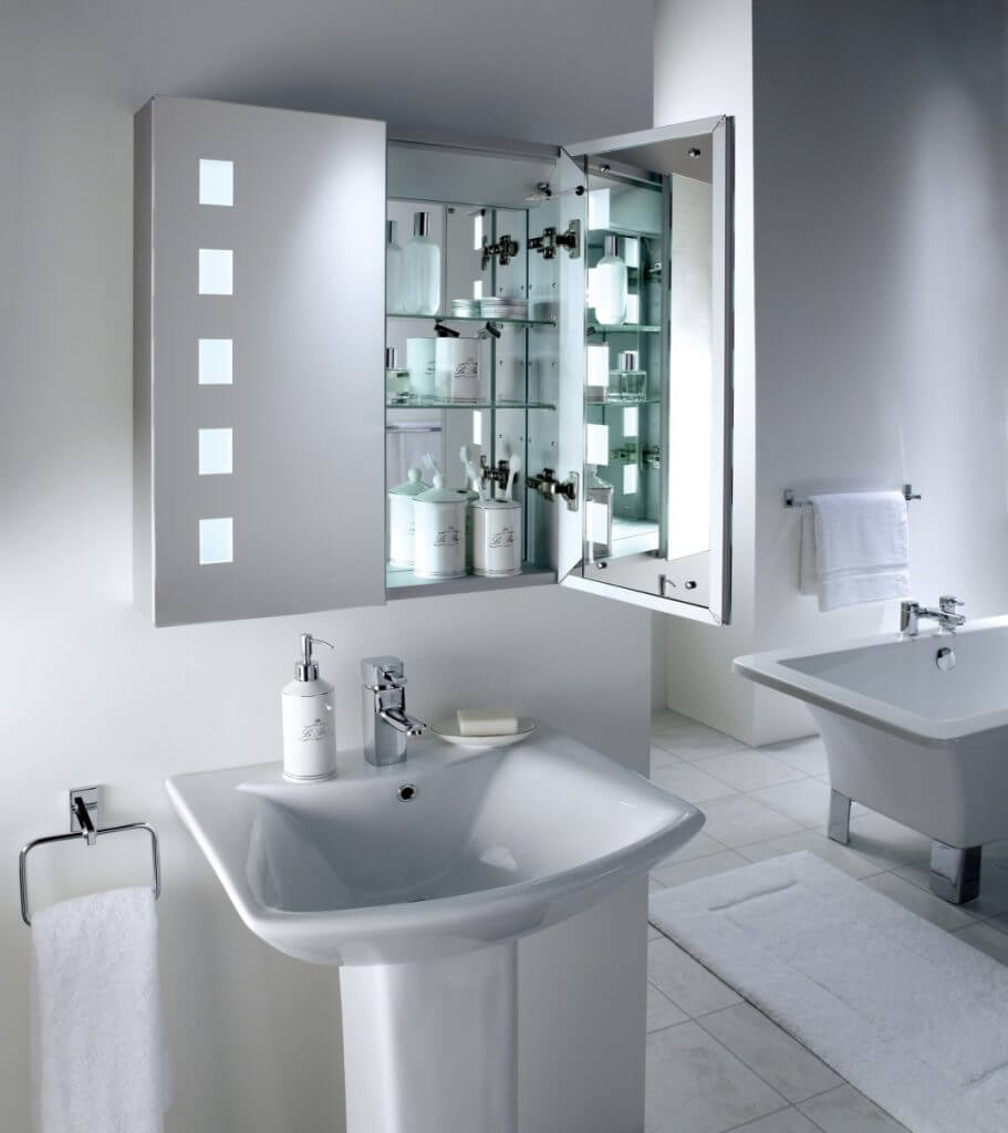 modern bathroom mirror with glass medicine storage idea feat luxurious white area rug and pedestal sink design