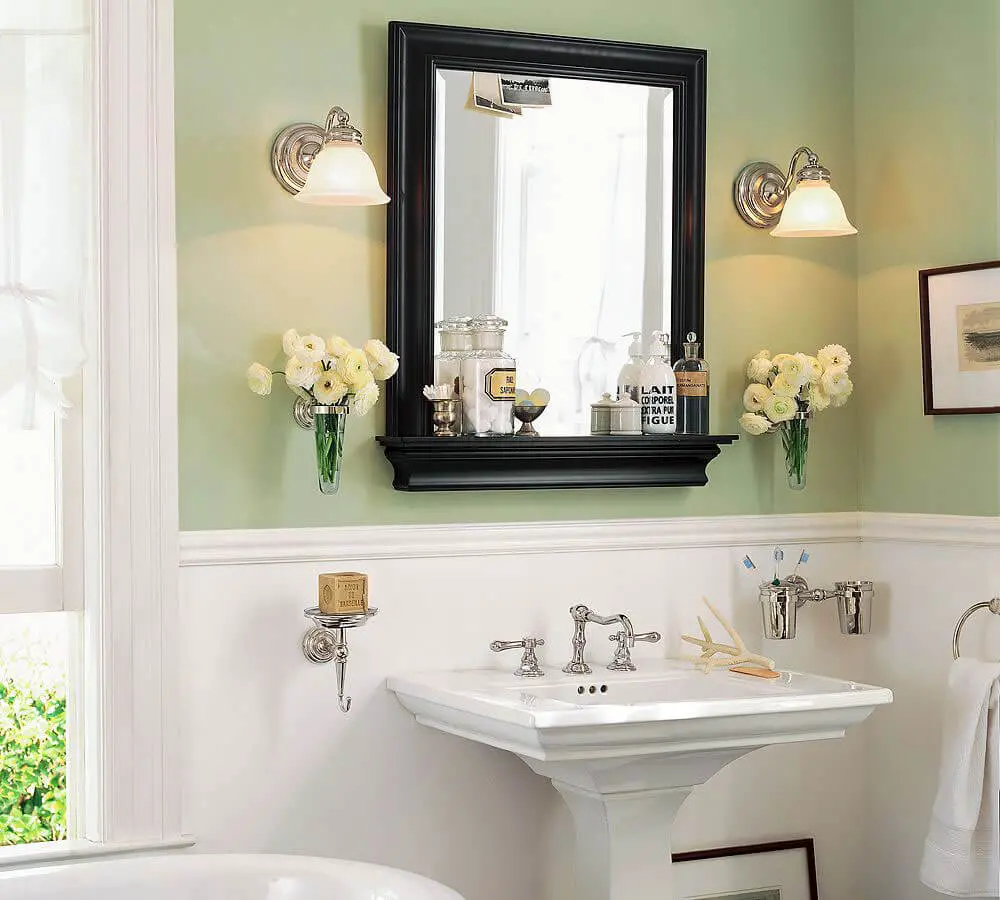 Adorable Design Bathroom Mirror Ideas Decorations with Two Preety Lamp above Beautifull Flower