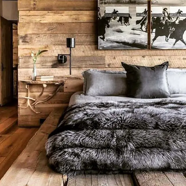 Wood Galore and Furry Bedding rustic bedroom design