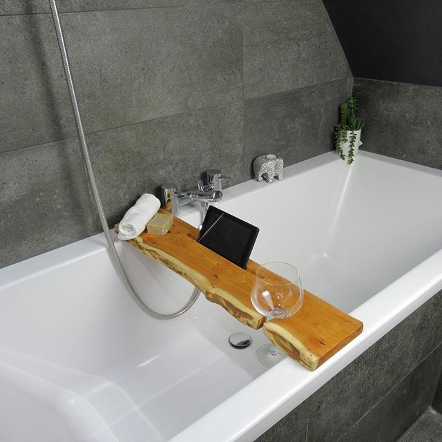 Rustic bathroom decor - bathtub tray for gadget storage