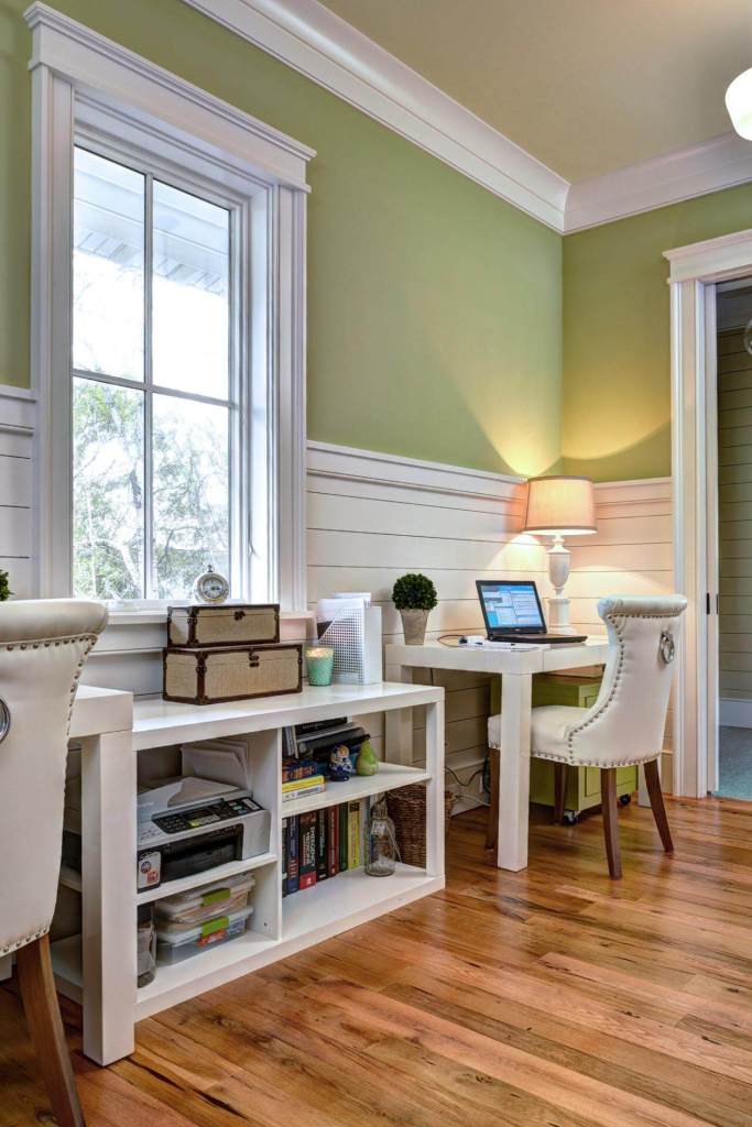 Home Office with Green Walls and Costal style Wainscoting