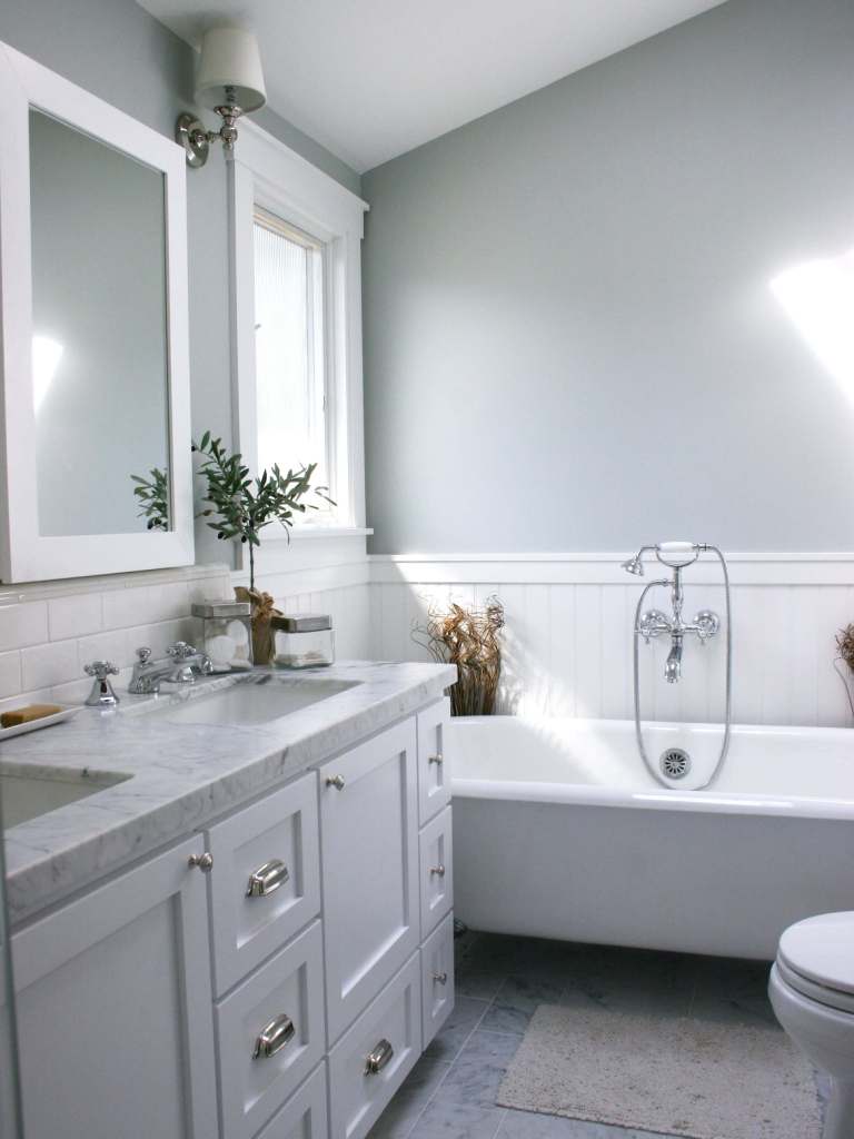 Grey Bathroom With White Wainscoting - White and Gray Bathroom