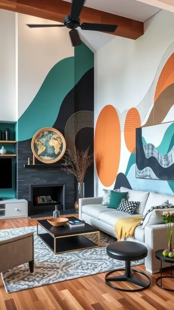 Living room with an accent wall featuring a bold mural and stylish furniture.