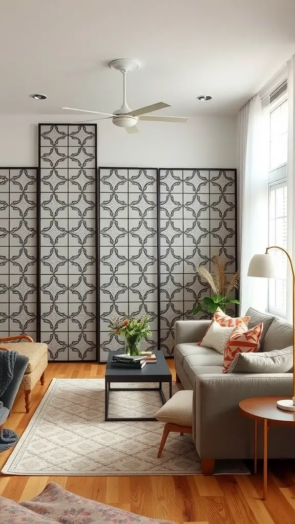 A stylish room divider with a black and white pattern separating different areas in a cozy living room.