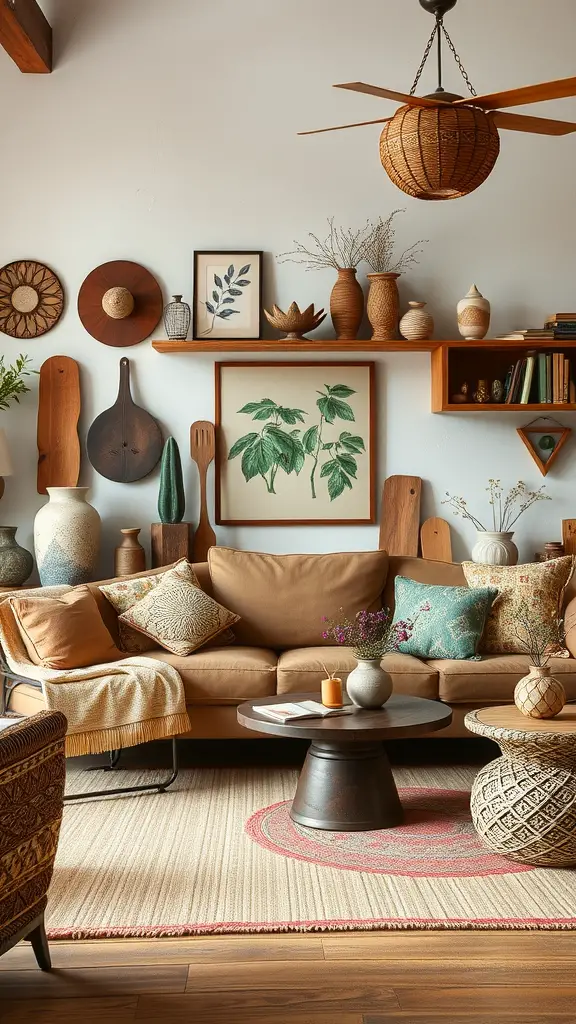 A cozy living room featuring artisan-crafted decor items, a brown sofa with colorful cushions, and wooden wall art, creating a warm atmosphere.