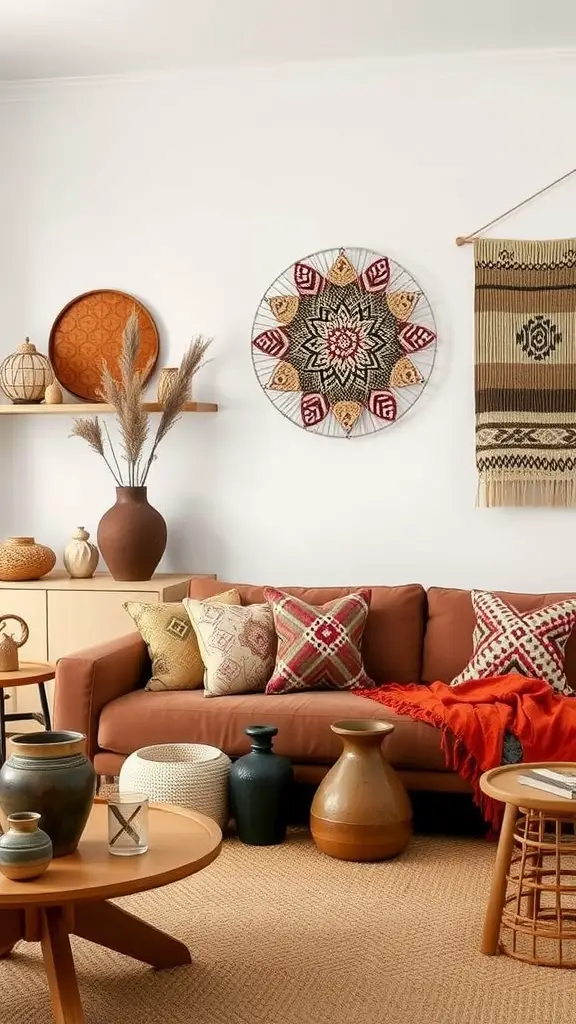 Cozy living room featuring artisanal decor, including a brown sofa with patterned cushions, decorative pottery, and wall hangings.