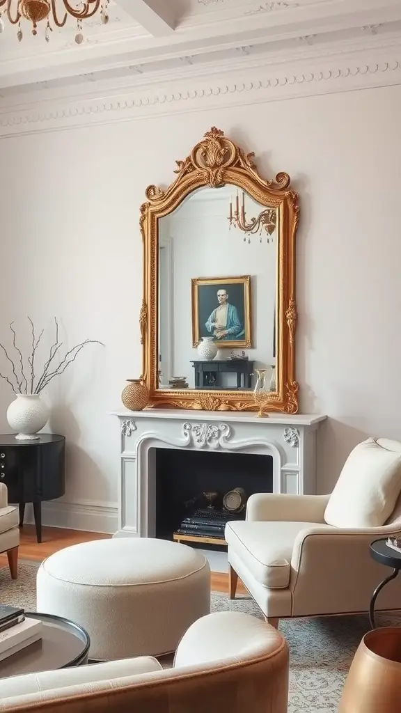 A beautifully decorated living room featuring an ornate gold wall mirror above a mantelpiece, complemented by a stylish chair and decorative elements.