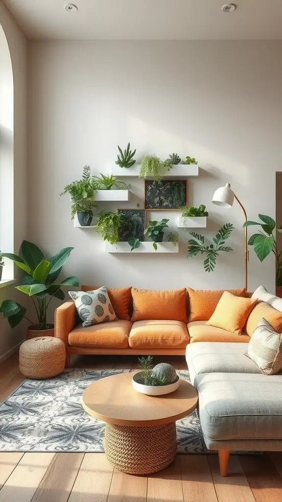 A modern living room with lush greenery, a large clock, and comfortable seating, showcasing biophilic design elements.