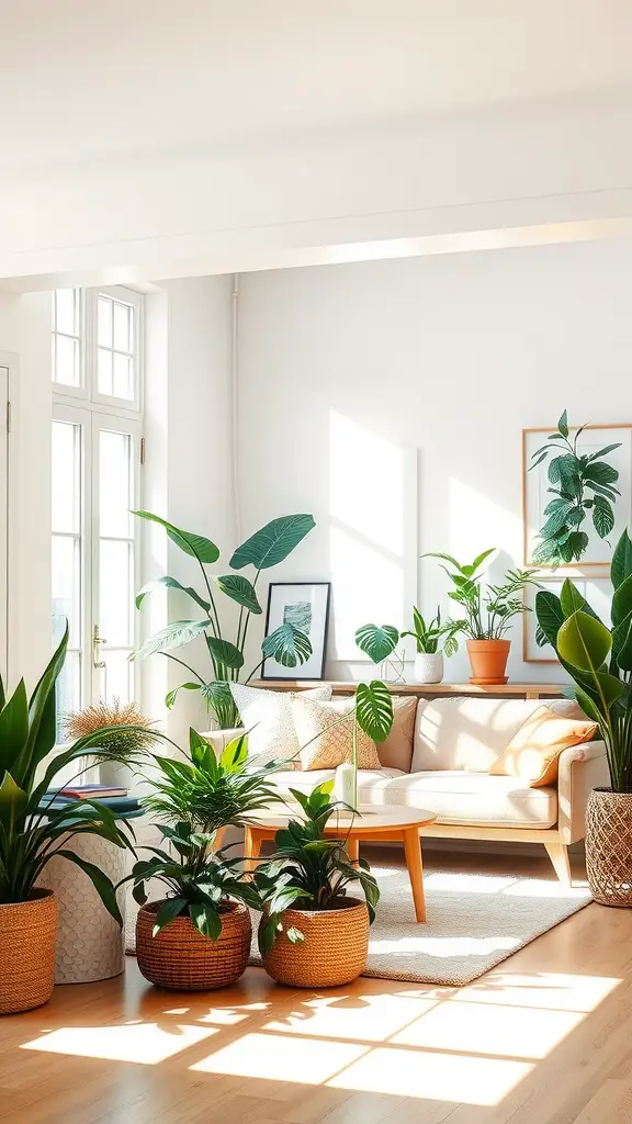 Bright living room decorated with various houseplants and natural light.