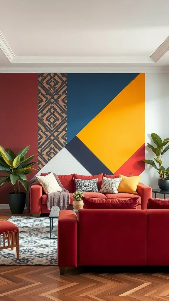 A small living room featuring a bold accent wall with geometric designs in red, blue, yellow, and a patterned section, paired with stylish furniture and plants.