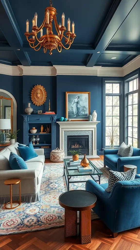 A stylish living room featuring deep blue walls, golden accents, and elegant furniture.