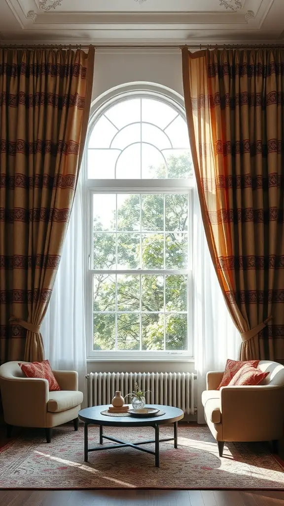 A cozy living room with bold curtains framing a large window, two armchairs, and a coffee table.