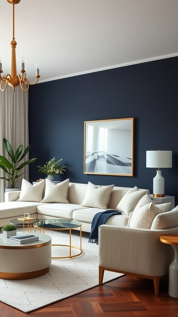 Stylish living room featuring bold navy walls and light-colored furniture, showcasing a modern design.