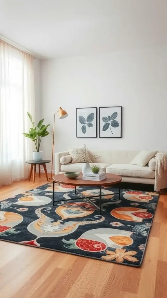 Chic area rug with vibrant floral patterns in a living room setting