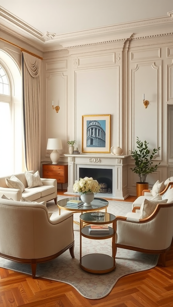 A bright and elegant living room featuring cream and beige tones, with stylish furniture and decorative elements.