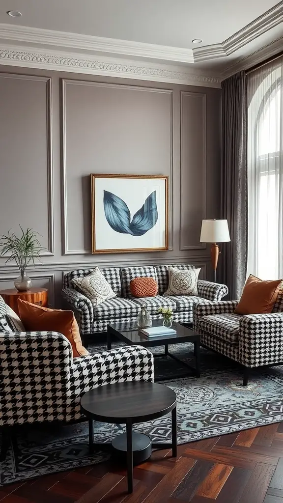 A stylish living room with houndstooth patterned sofas, an elegant coffee table, and warm accent colors.