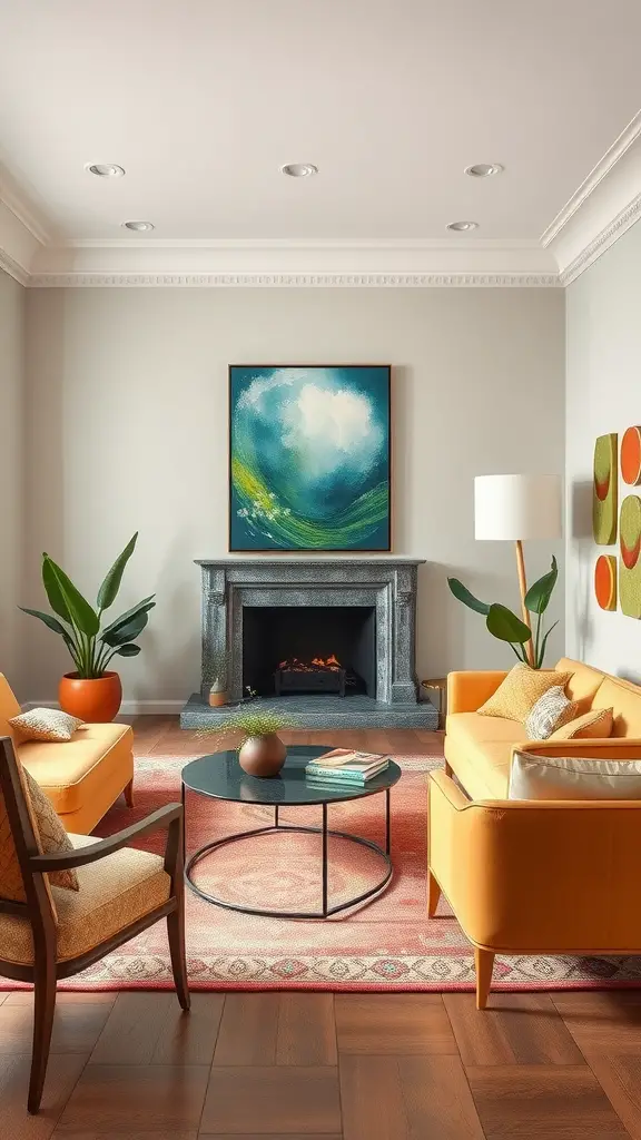 A stylish living room featuring orange sofas, a modern coffee table, a fireplace, and artwork with blue and green tones.