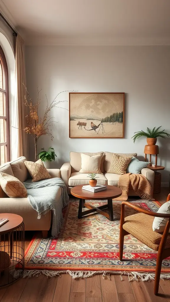 Cozy living room with neutral tones, textured cushions, a warm rug, and indoor plants.