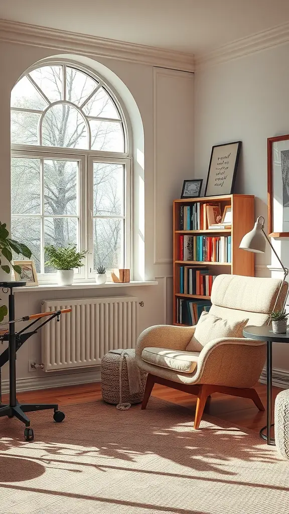 Cozy reading nook in a living room with a comfortable chair, bookshelves, and soft light.