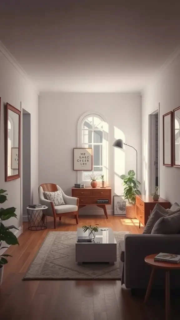 A cozy small living room with mirrors on the walls, showcasing a stylish and bright interior.