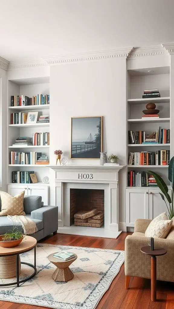 A cozy small living room featuring curated display shelves filled with books and decorative items, alongside a fireplace and comfortable seating.