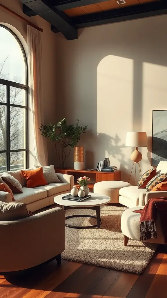 A stylish living room featuring curved furniture shapes with warm colors and natural light.