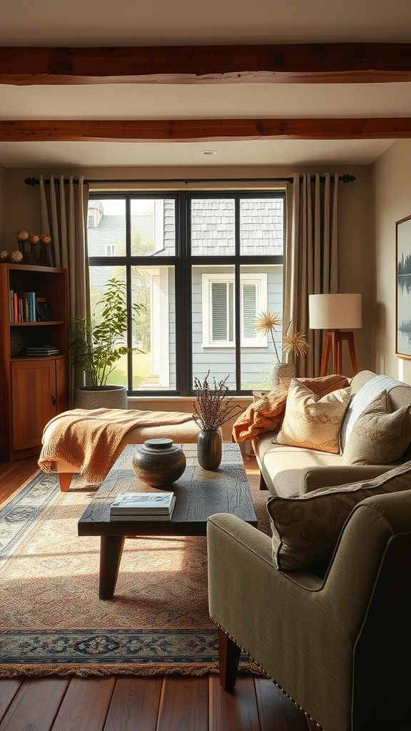 A bright living room featuring an olive green sofa, wooden coffee table, and natural light from large windows.