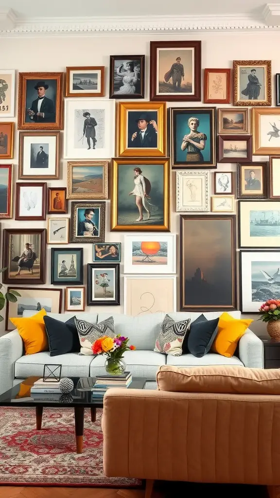 A beautifully arranged gallery wall featuring various art pieces and photographs in different frames, with a cozy living room setting.