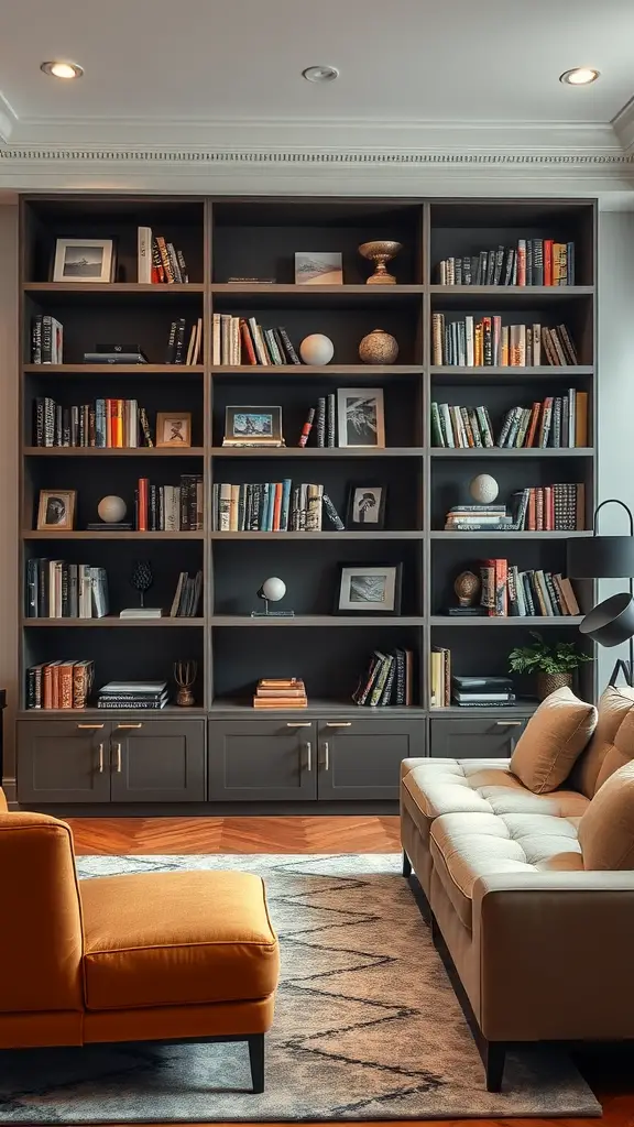 A stylish living room featuring a large dark bookshelf filled with books and decorative items, alongside a light-colored couch and an orange chair.