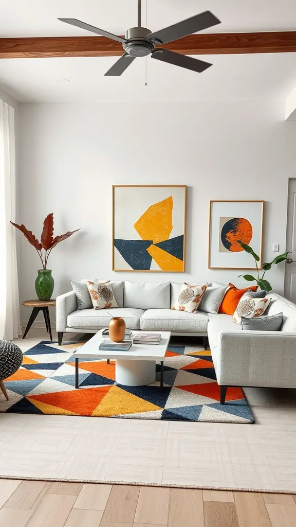 A modern living room featuring geometric patterns with a colorful rug, light sofa, and abstract wall art.