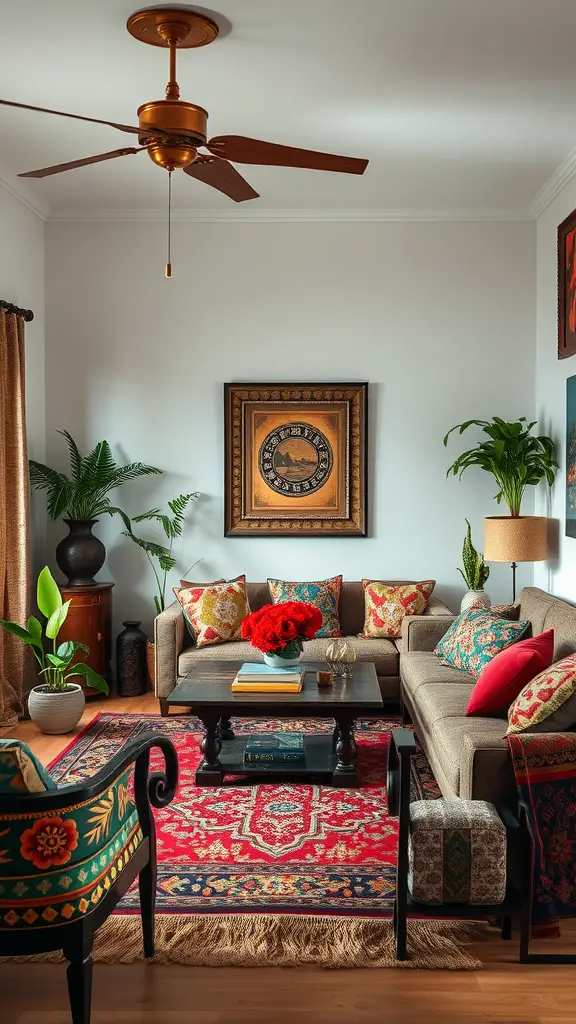 A cozy living room decorated with a vibrant red rug, colorful cushions, and potted plants.