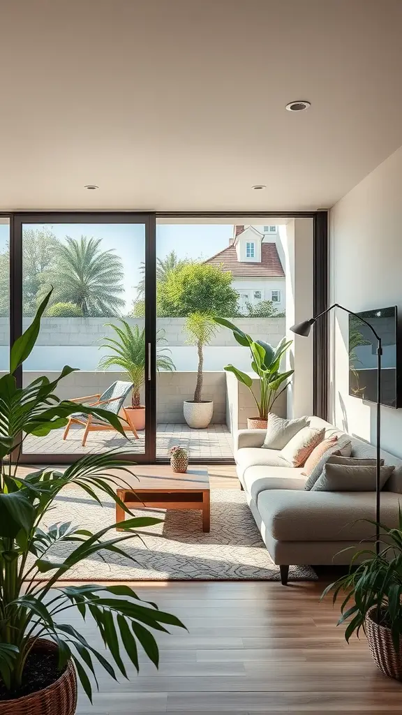 A cozy living room with large windows showing an outdoor space filled with plants.