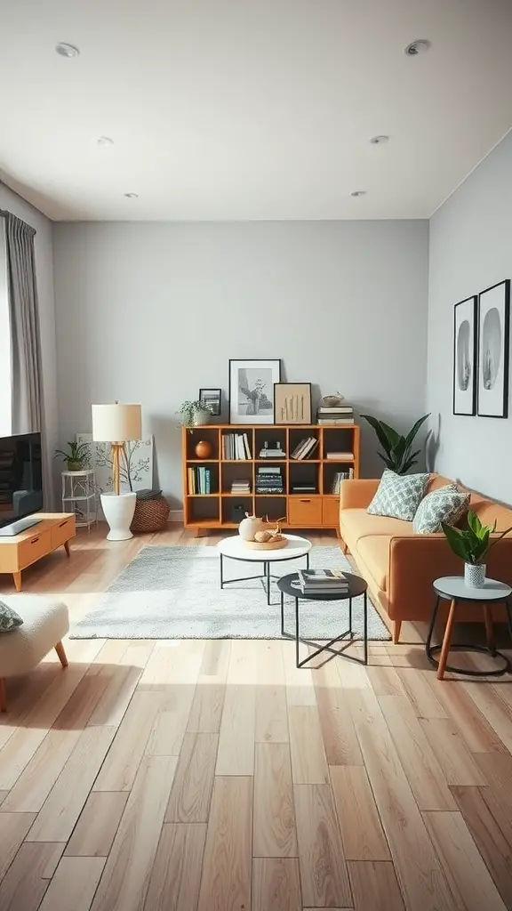 A modern living room featuring an orange sofa, wooden floors, plants, and a well-organized shelf.