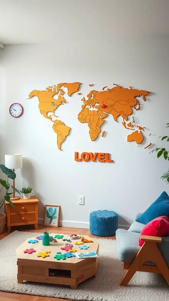 A living room with a colorful world map on the wall, a hexagonal coffee table with puzzles, and cozy seating