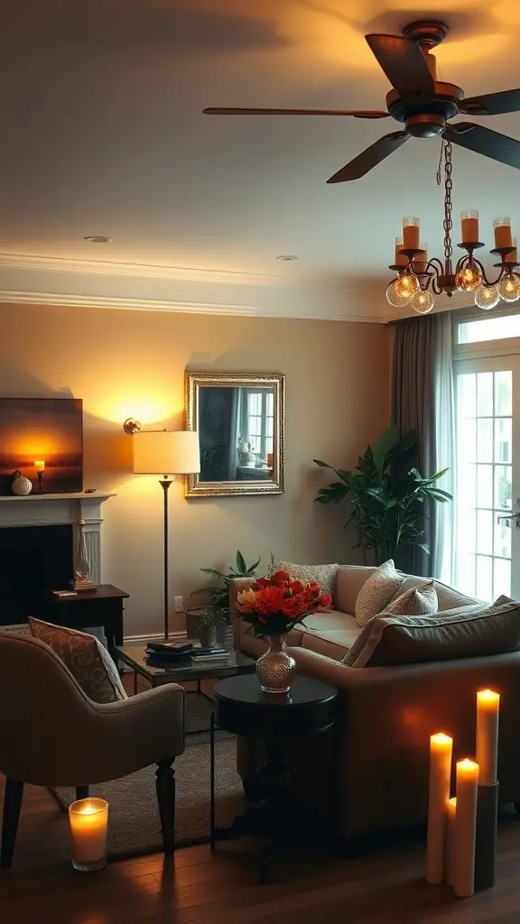 Cozy living room with layered lighting, including a ceiling fan, floor lamp, and candles