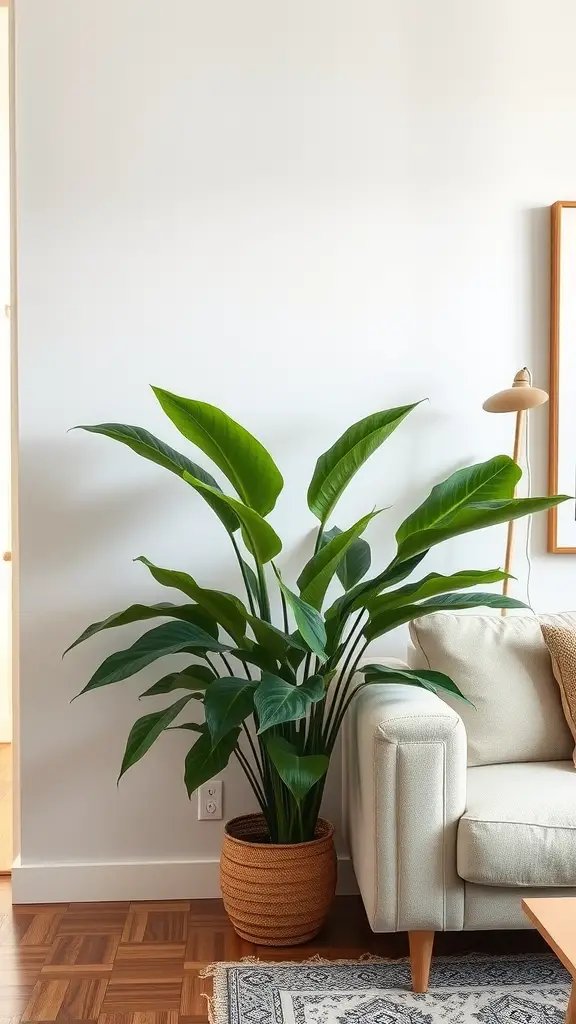 A lush indoor plant with large green leaves in a woven basket next to a white couch in a cozy living room.