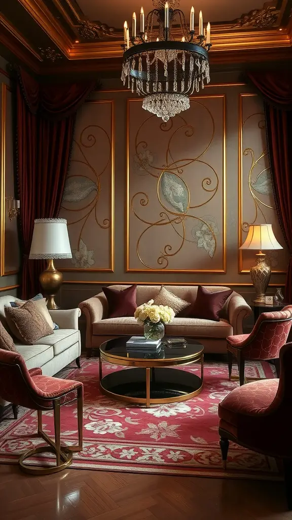 Luxurious living room with plush seating, rich colors, and an elegant chandelier.