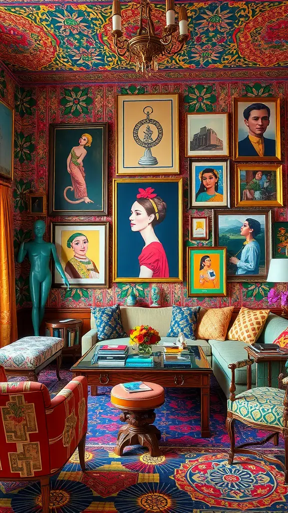 A colorful and eclectic living room featuring various artworks on the walls, a red area rug, and a mix of patterned furniture.