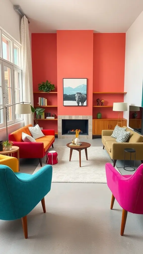 A mid-century modern inspired living room with colorful furniture, coral walls, and decorative elements.