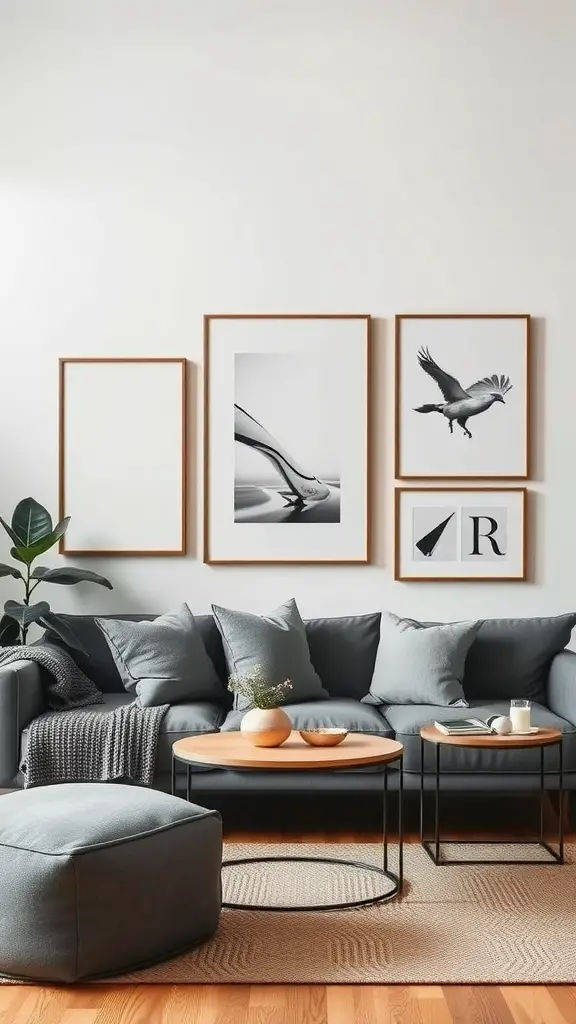 Minimalist wall art display with framed black and white photos, a modern couch, and a cozy atmosphere.