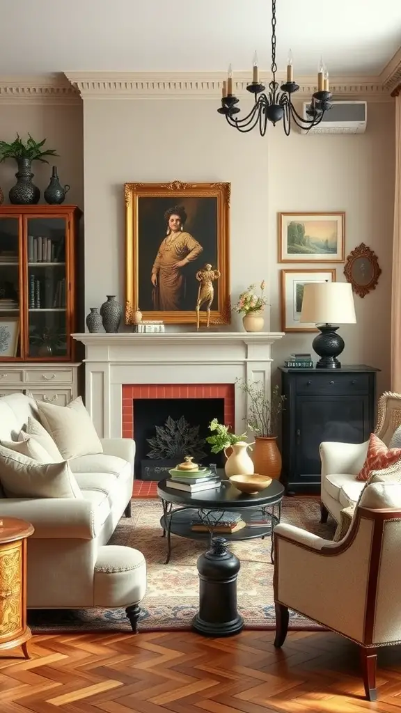 A vintage-inspired living room with a mix of old and new decor featuring classic furniture, a chandelier, and a large portrait.