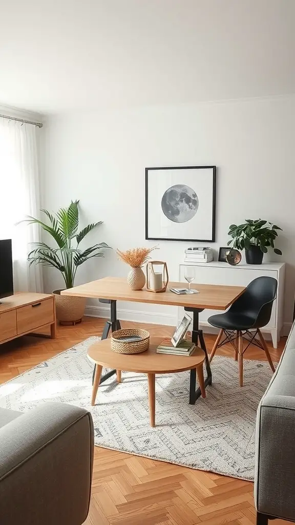 A modern small living room with multi-functional furniture, featuring a coffee table, dining table, and plants.